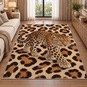 Leopard on Leopard Print Rug in a bright living room with a sofa