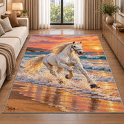 White Horse on Beach Rug in a bright living room with a sofa