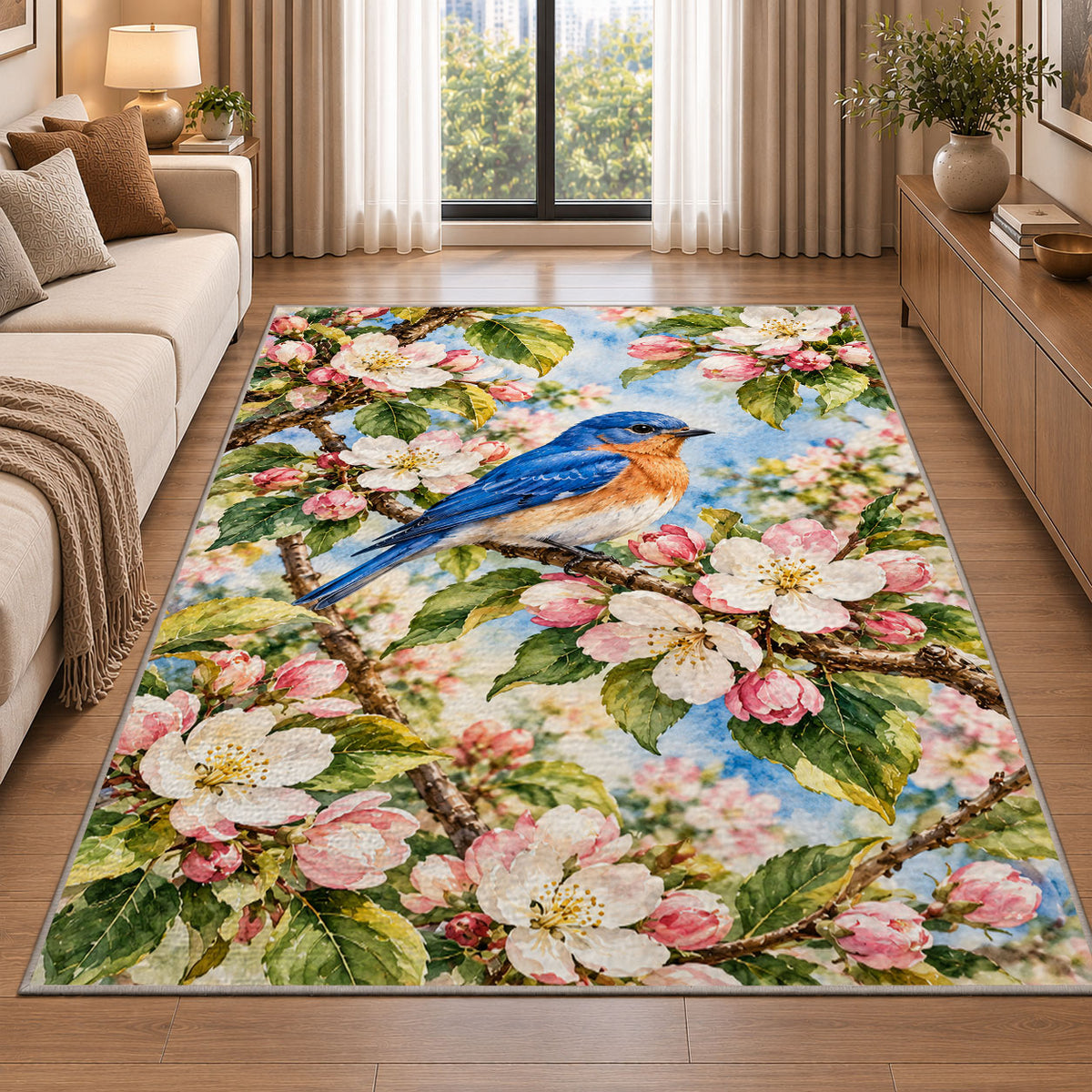 Bluebird on Blossom Branch Rug in a bright living room with a sofa