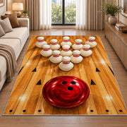 Bowling Pins Triangle Rug in a bright living room with a sofa