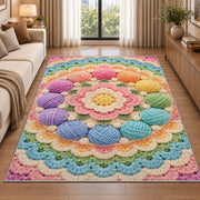 Circle of Yarn Balls Rug in a bright living room with a sofa