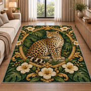 Vintage Leopard Oval Frame Rug in a bright living room with a sofa