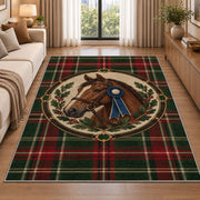 Tartan Horse Medallion Rug in a bright living room with a sofa