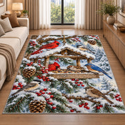 Winter Bird Feeder Rug in a bright living room with a sofa