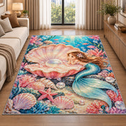 Pearl Shell and Mermaid Rug in a bright living room with a sofa
