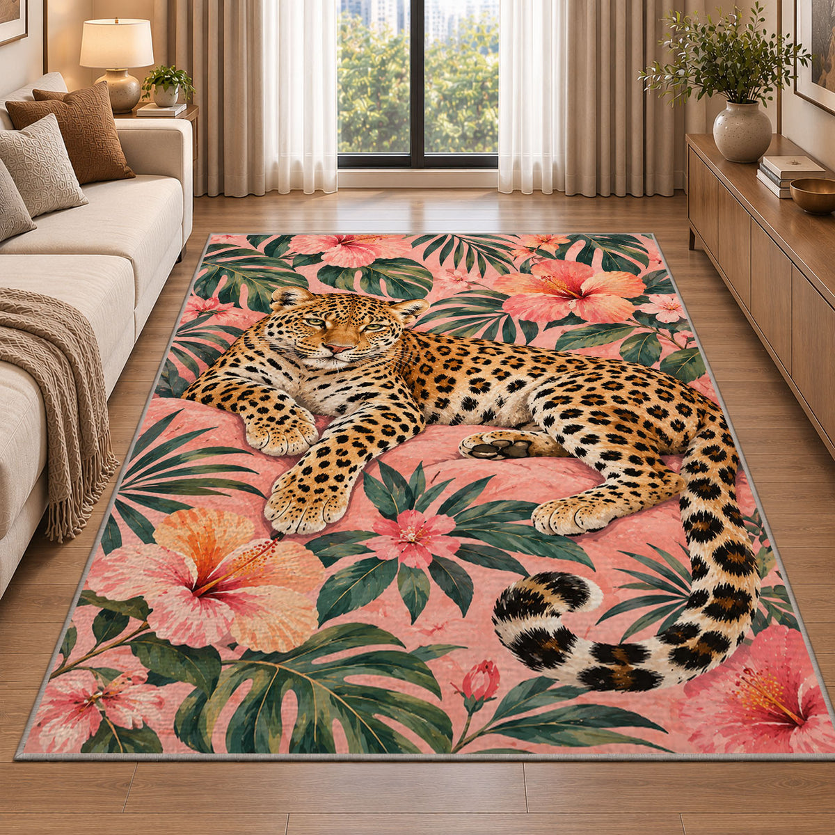 Leopard on Pink Hibiscus Rug in a bright living room with a sofa
