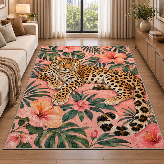 Leopard on Pink Hibiscus Rug in a bright living room with a sofa