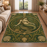 Vintage Engraved Mermaid Rug in a bright living room with a sofa