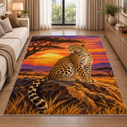 Leopard at Savanna Sunset Rug in a bright living room with a sofa