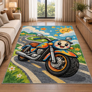 Cute Cartoon Motorcycle Kids Rug in a bright living room with a sofa