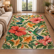 Hummingbirds and Hibiscus Rug in a bright living room with a sofa