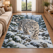 Snow Leopard in Pine Forest Rug in a bright living room with a sofa