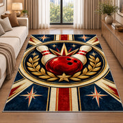Classic Bowling Crest Rug in a bright living room with a sofa