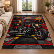 Motorcycle Garage Rug in a bright living room with a sofa