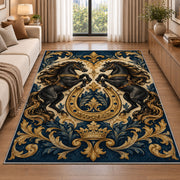Heraldic Rearing Horses Rug in a bright living room with a sofa