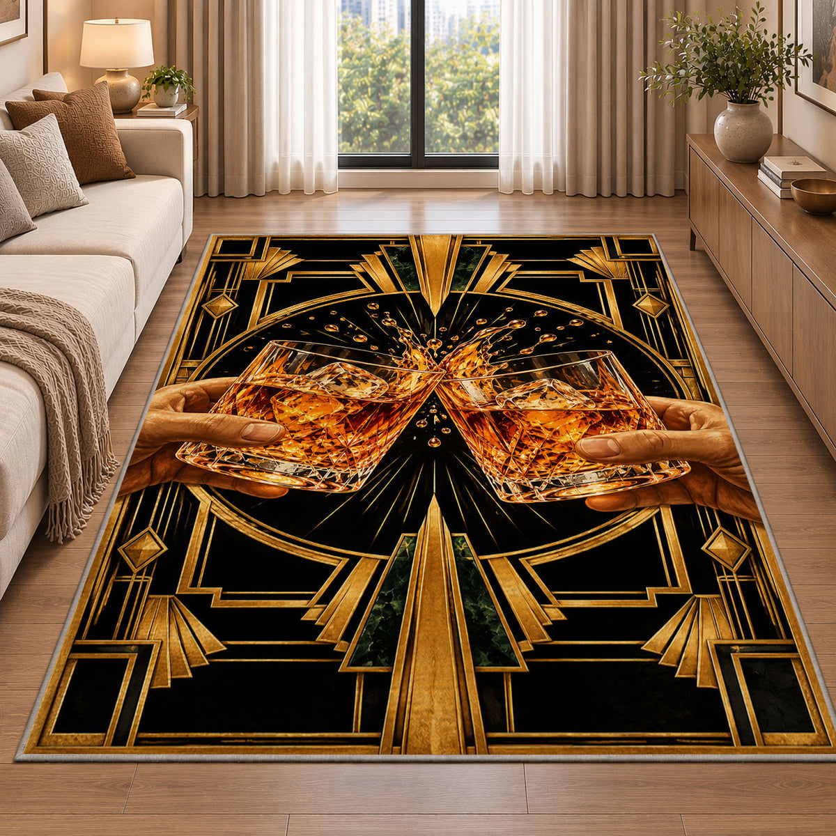 Art Deco Cheers Rug in a bright living room with a sofa