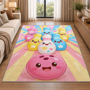 Cute Cartoon Bowling Pins Rug in a bright living room with a sofa