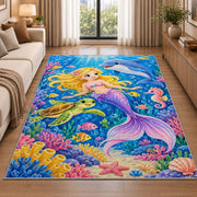 Mermaid and Ocean Friends Rug in a bright living room with a sofa