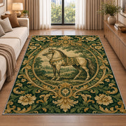 Vintage Engraved Horse Rug in a bright living room with a sofa