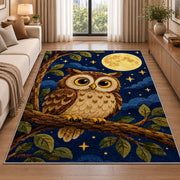Owl and Full Moon Rug in a bright living room with a sofa