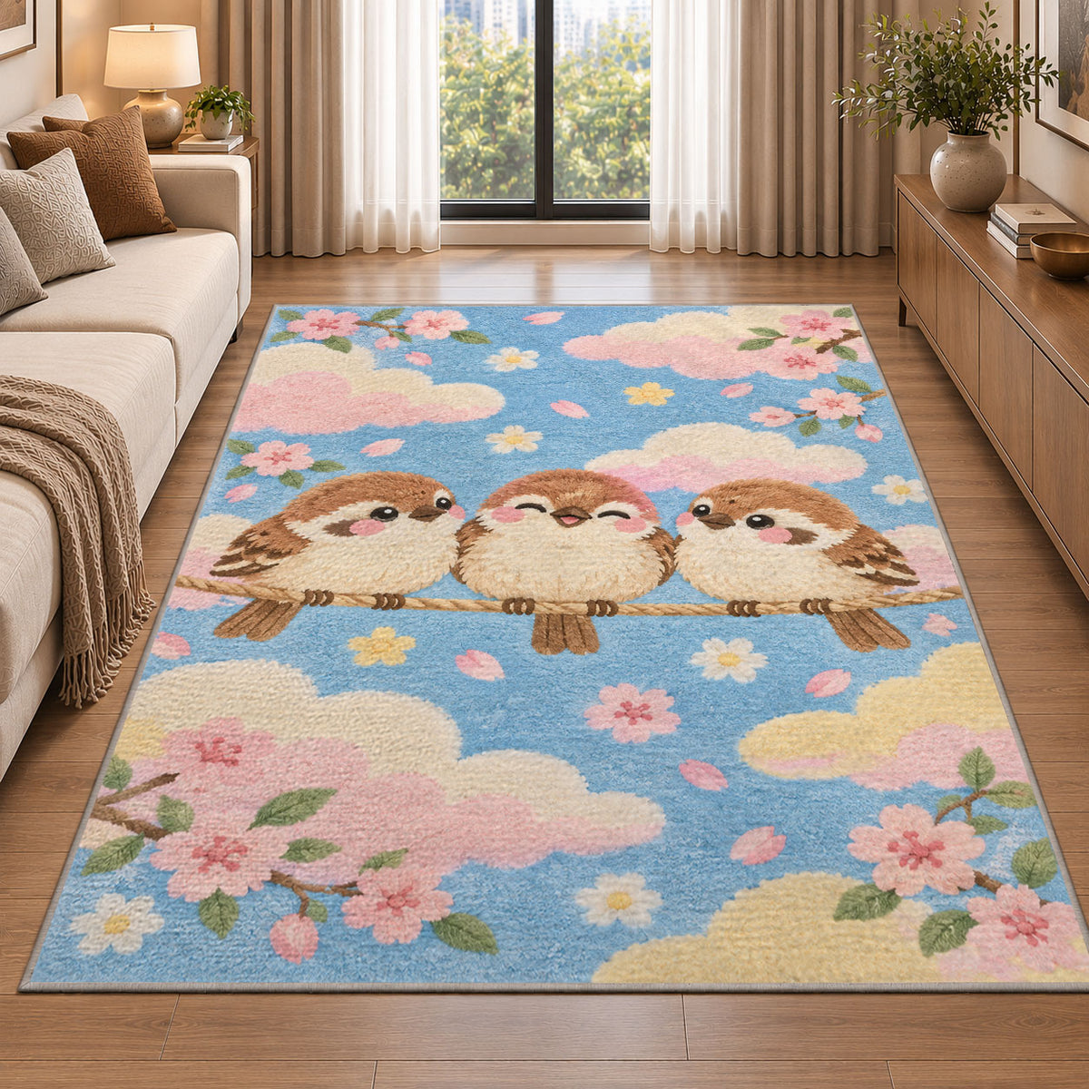 Cute Birds Nursery Rug in a bright living room with a sofa