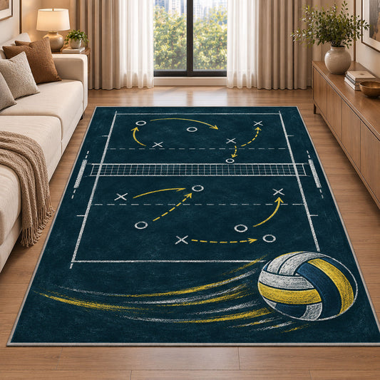 Volleyball Chalkboard Play Rug in a bright living room with a sofa