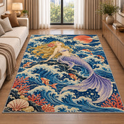 Japanese Wave Mermaid Rug in a bright living room with a sofa