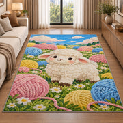 Sheep and Yarn Balls Rug in a bright living room with a sofa