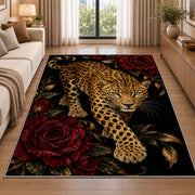 Leopard on Black with Roses Rug in a bright living room with a sofa
