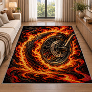Flaming Motorcycle Wheel Rug in a bright living room with a sofa