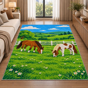 Horses Grazing by Fence Rug in a bright living room with a sofa
