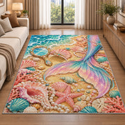Mermaid Tail and Vanity Shells Rug in a bright living room with a sofa
