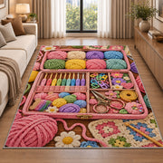 Crochet Supply Box Rug in a bright living room with a sofa
