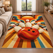 Retro 70s Stripes Bowling Rug in a bright living room with a sofa