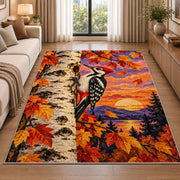 Woodpecker on Birch Rug in a bright living room with a sofa