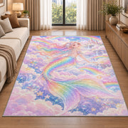 Rainbow Mermaid Rug in a bright living room with a sofa