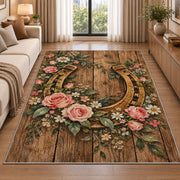 Horseshoe and Roses Rug in a bright living room with a sofa