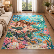Mermaid Reading a Book Rug in a bright living room with a sofa