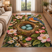Bird Nest and Blue Eggs Rug in a bright living room with a sofa
