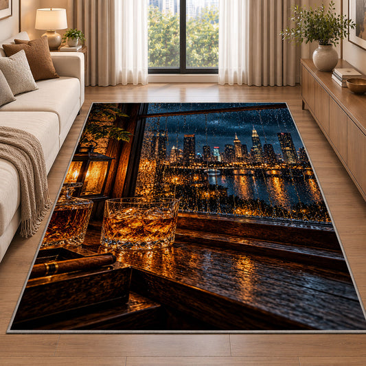 Whiskey by Rainy Window Rug in a bright living room with a sofa