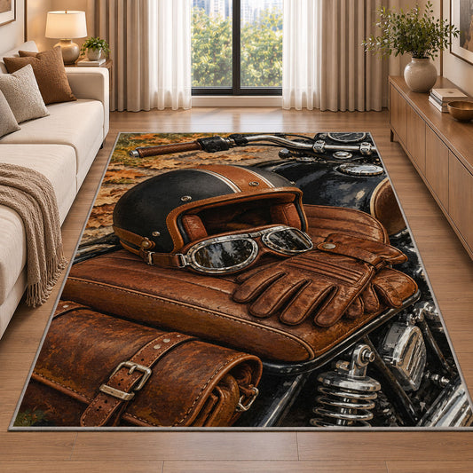 Helmet and Gloves on Saddle Rug in a bright living room with a sofa