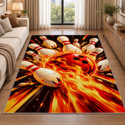 Flaming Bowling Ball Rug in a bright living room with a sofa