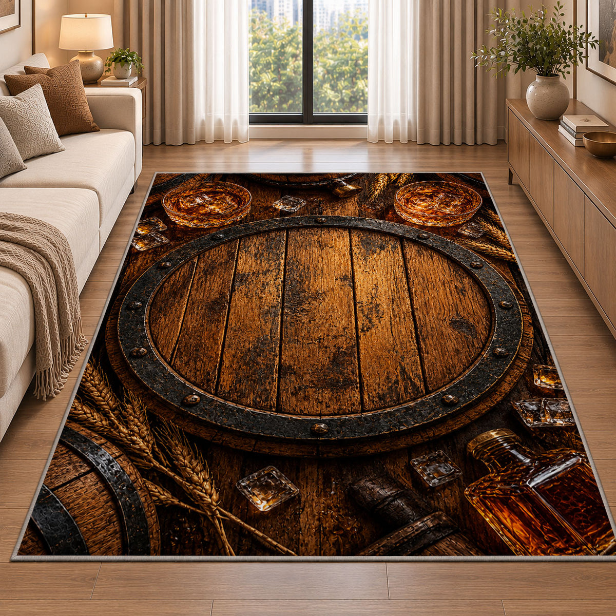 Oak Barrel Head Rug in a bright living room with a sofa