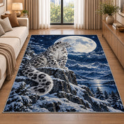 Snow Leopard Under Full Moon Rug in a bright living room with a sofa