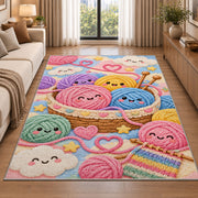 Happy Yarn Balls Nursery Rug in a bright living room with a sofa