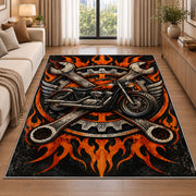 Motorcycle and Crossed Wrenches Rug in a bright living room with a sofa