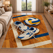 Volleyball Shoes on Court Rug in a bright living room with a sofa