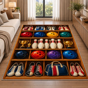 Bowling Gear Shelf Rug in a bright living room with a sofa