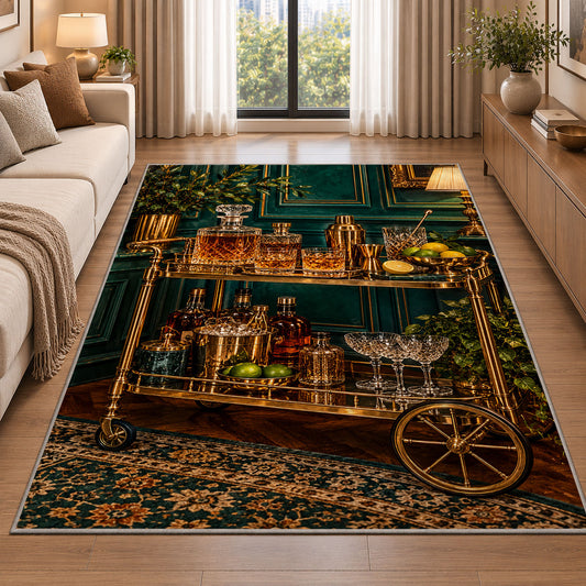 Vintage Bar Cart Rug in a bright living room with a sofa