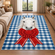 Gingham Horse and Rosette Rug in a bright living room with a sofa